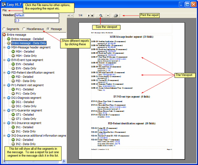 Sample HL7 message report showing only fields with data