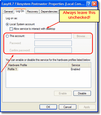 Log On Properties of Service