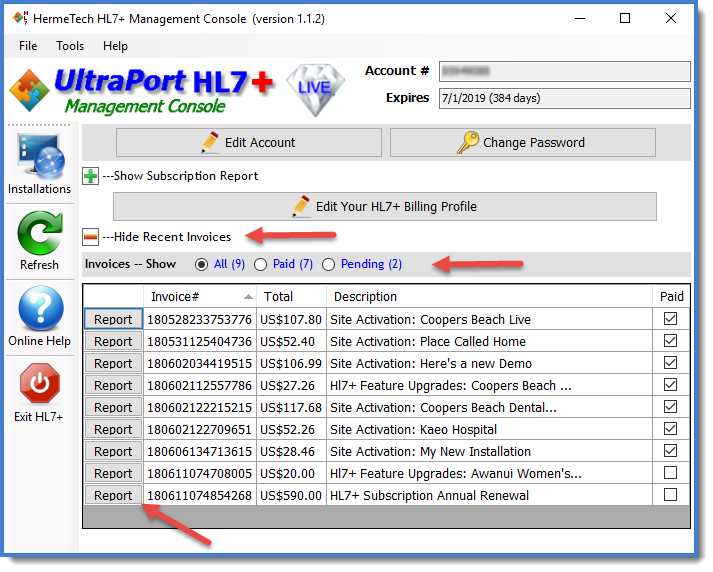 Invoices shown in the main window (subscription view)