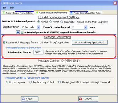 The UltraPort HL7 Router (Optional Profile Settings)