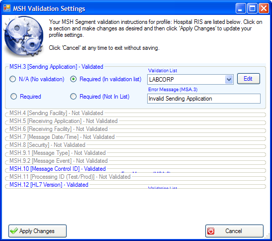 MSH Validation Settings