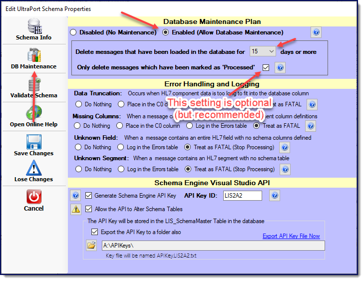 Schema Database Maintenance Settings