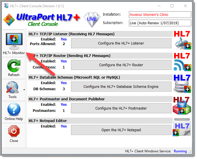 Click the HL7+ Monitor button