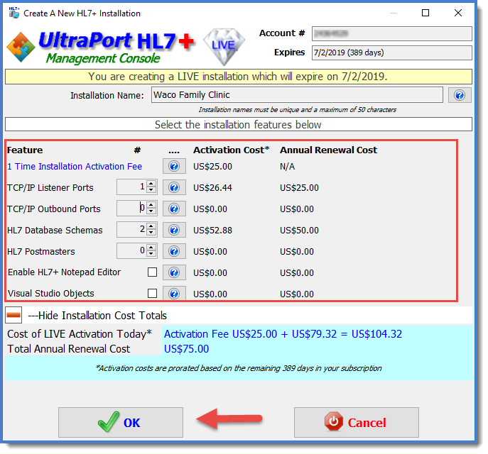 Confirm HL7+ Features and click OK