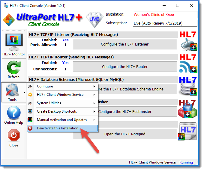 Dectivating the Installation from the HL7+ Client Console