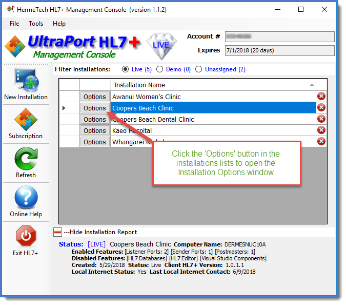 Click Options to open Installation Options Window