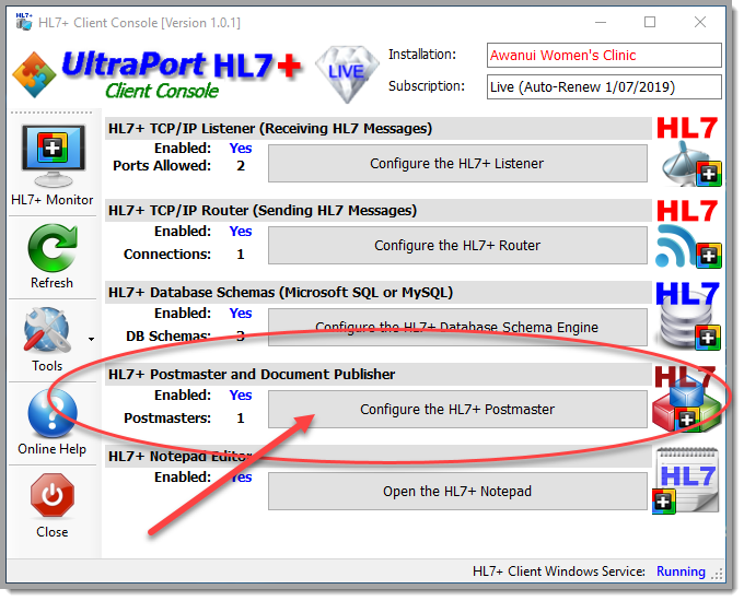 Click the 'Configure the HL7+ Postmaster' button