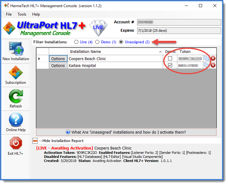 Unassigned HL7+ Installations in the Management Console