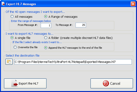 The Export Messages Window