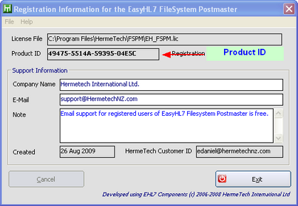 Example of the Registration Information Window in a Legacy Application