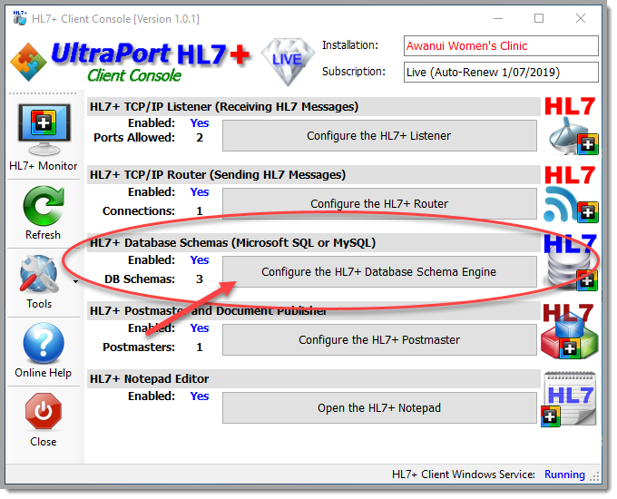 Click the 'Configure the HL7+ Database Schema Engine' button' Click the 'Configure the HL7+ Database Schema Engine' button'