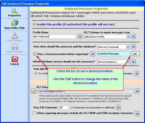 Outbound Processor Properties Window Outbound Processor Properties Window
