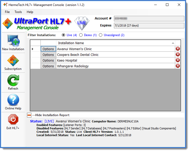 Active LIVE HL7+ Installations Active LIVE HL7+ Installations